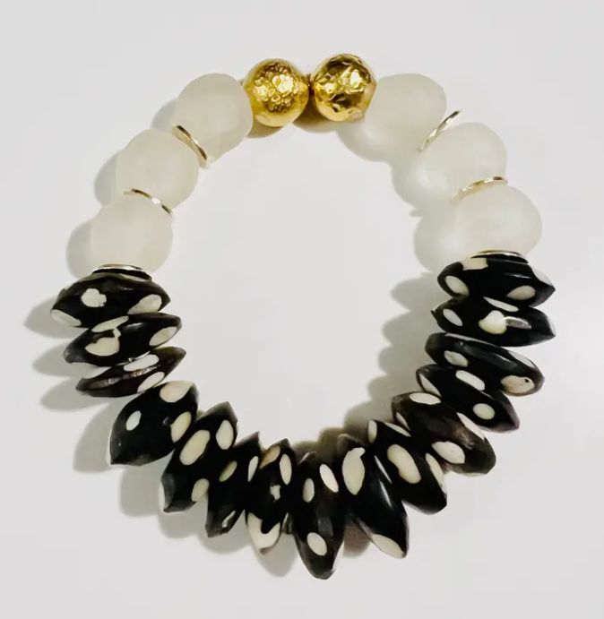 Recycled Glass &amp; Black Polka Dot Bone Bead Stretch Bracelet