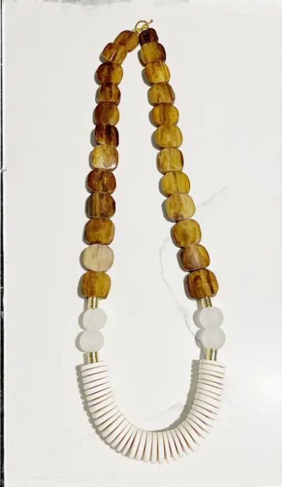 Tan Brown Bone Flat Bead Long Statement Necklace Coconut