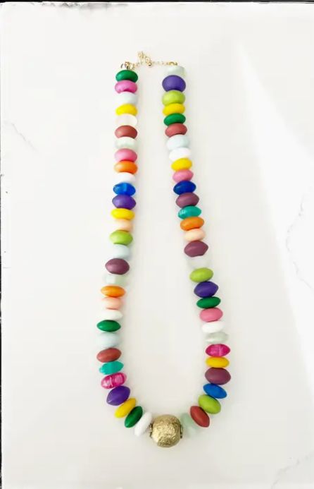 Midi Rainbow Acrylic Resin  Rondelle Bead Necklace Gold Ball