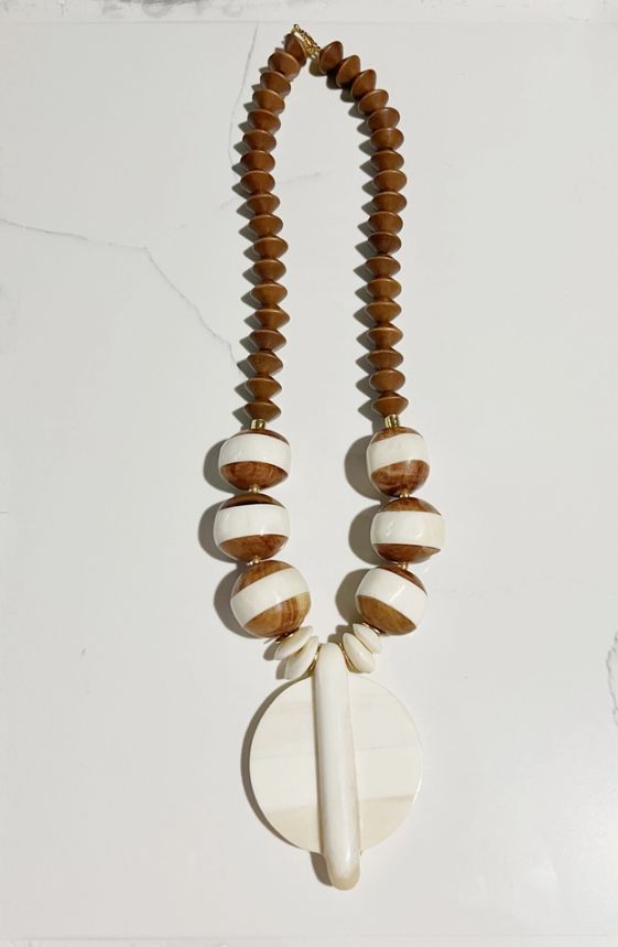 Midi Short Tanzanian Striped Wood &amp; Bone Bead Necklace Tan