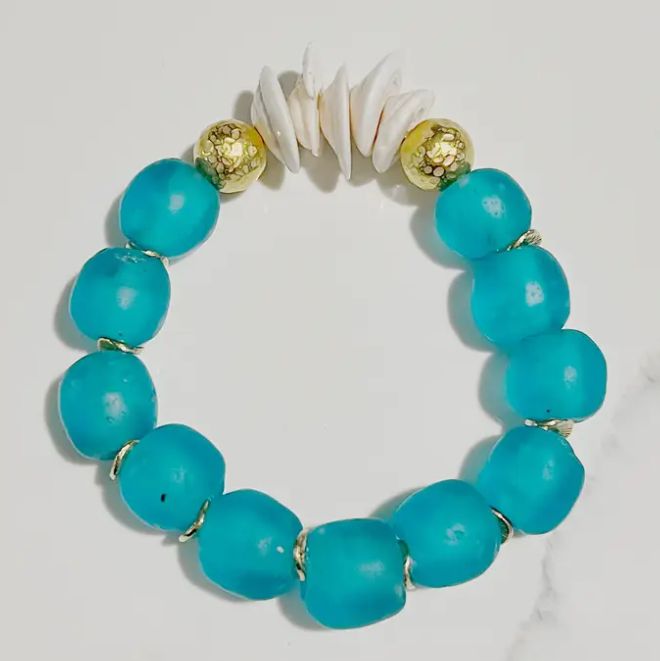Natural Shell &amp; Recycled Glass Bead Stretch Bracelet-  Blue