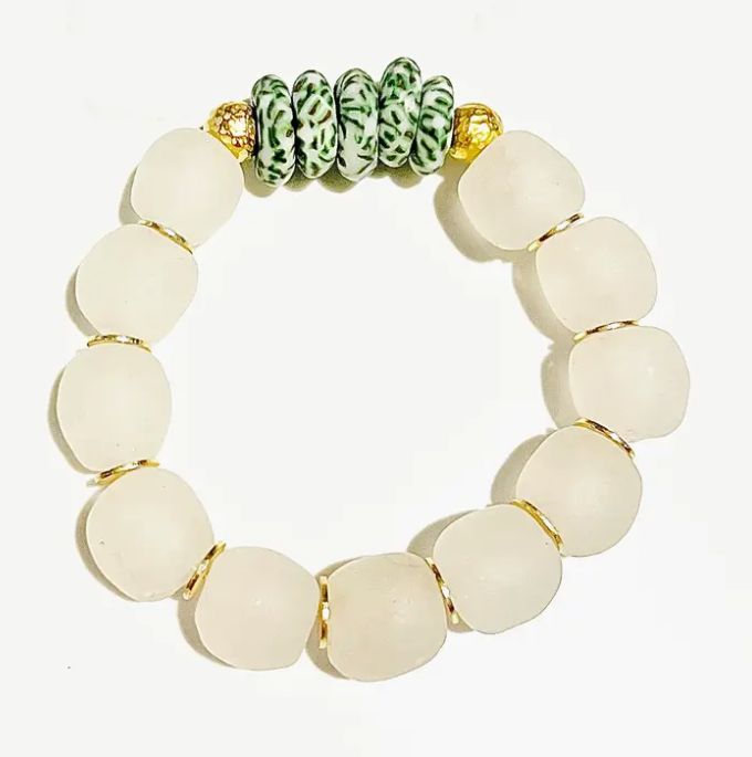 Recycled Glass Bead Stretch Bracelet Green Speckled Stacking