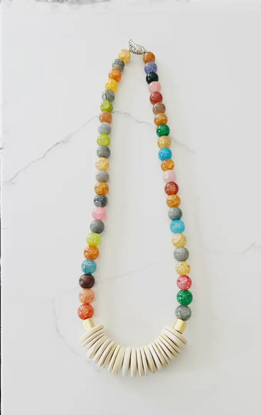 Short Gemstone Agate Bead Necklace Coconut Wood Multicolored