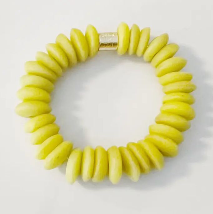 Yellow Ashanti Glass Bead Stretch Bracelet Brass Charm Gold