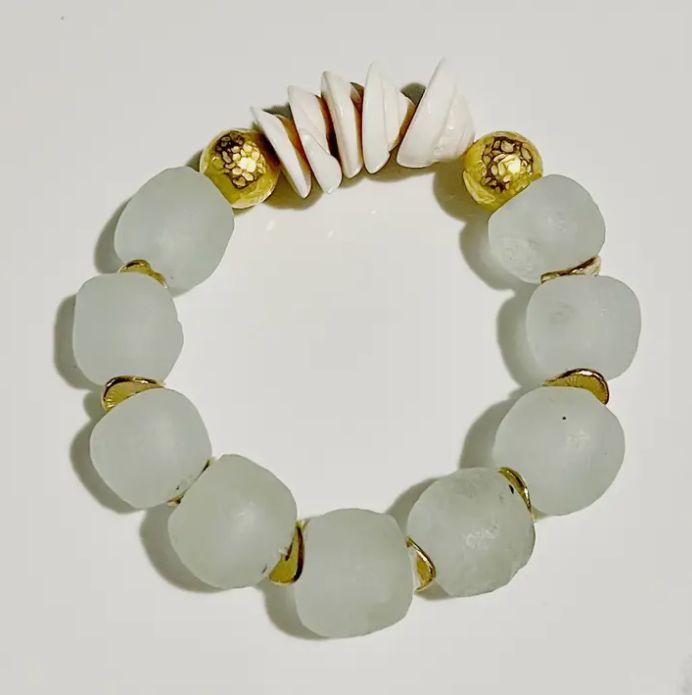 Natural Shell &amp; Recycled Glass Bead Stretch Bracelet- Clear