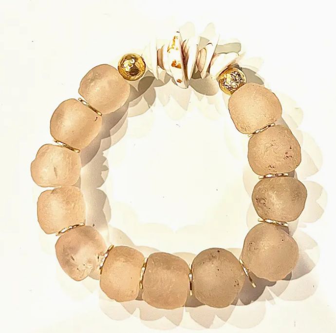 Natural Shell &amp; Recycled Glass Bead Stretch Bracelet- Pink