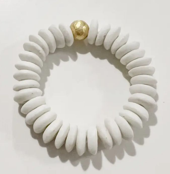 White Ashanti Glass Bead Stretch Bracelet Brass Charm Gold