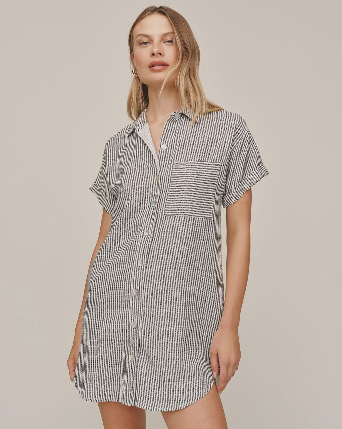 Roll Sleeve Pocket Shirt Dress - Hatch Stripe Roll Sleeve Pocket Shirt Dress - Hatch Stripe