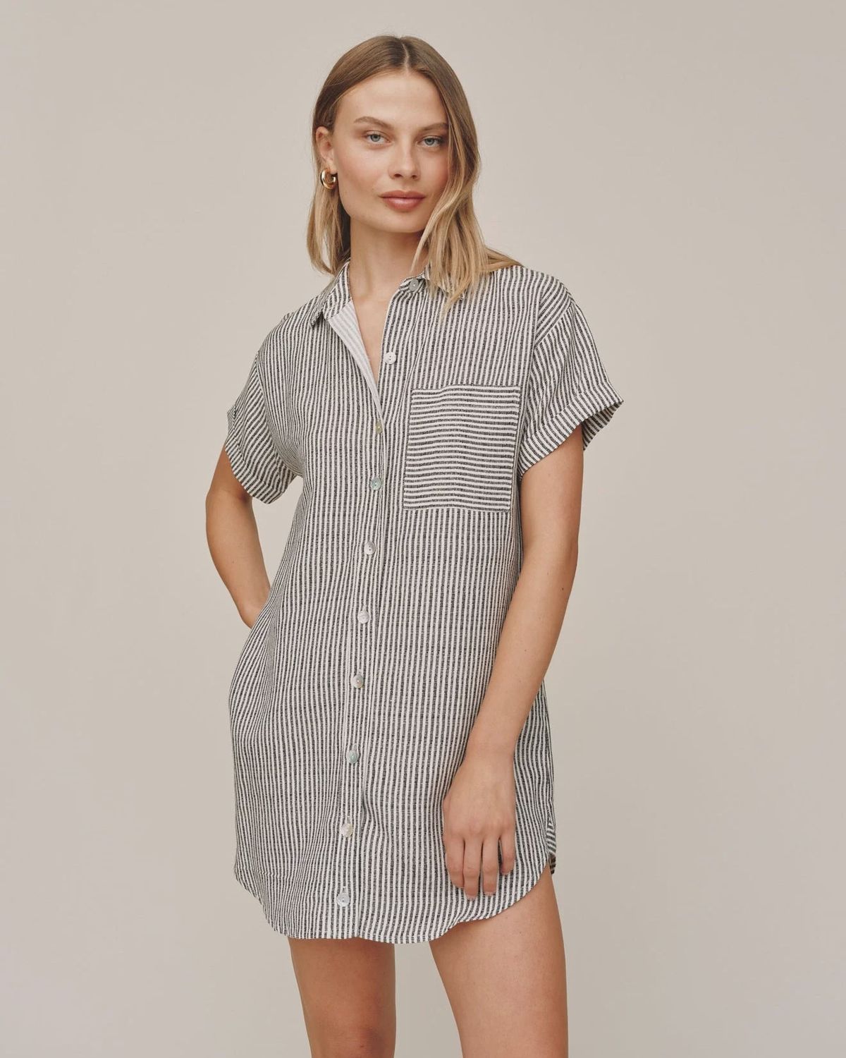 Roll Sleeve Pocket Shirt Dress - Hatch Stripe