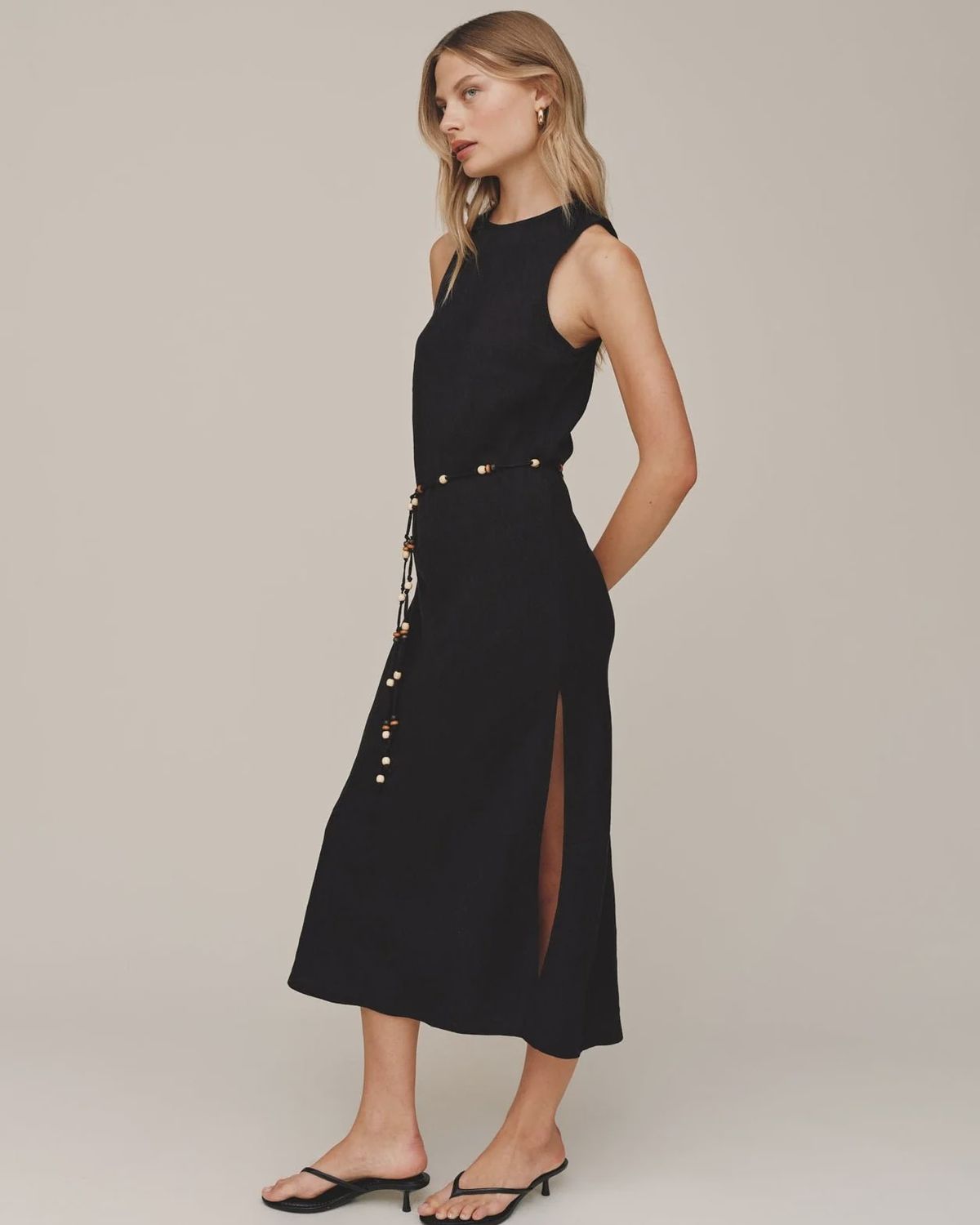Bias Midi Dress With Beaded Belt - Black