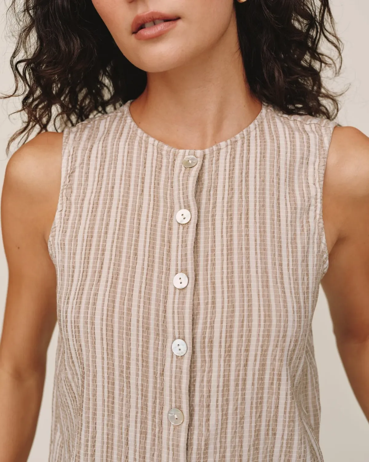 Sleeveless Button Front Top, COLOR: Driftwood, Size: XS