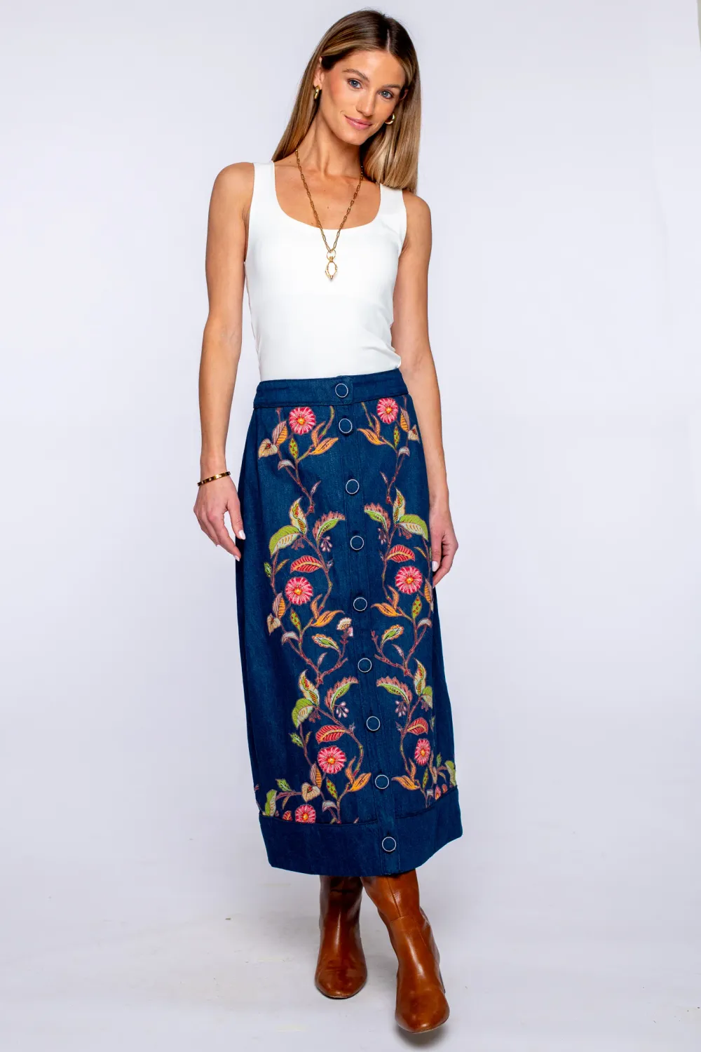 Frannie Skirt, COLOR: Denim Embroidered, Size: S