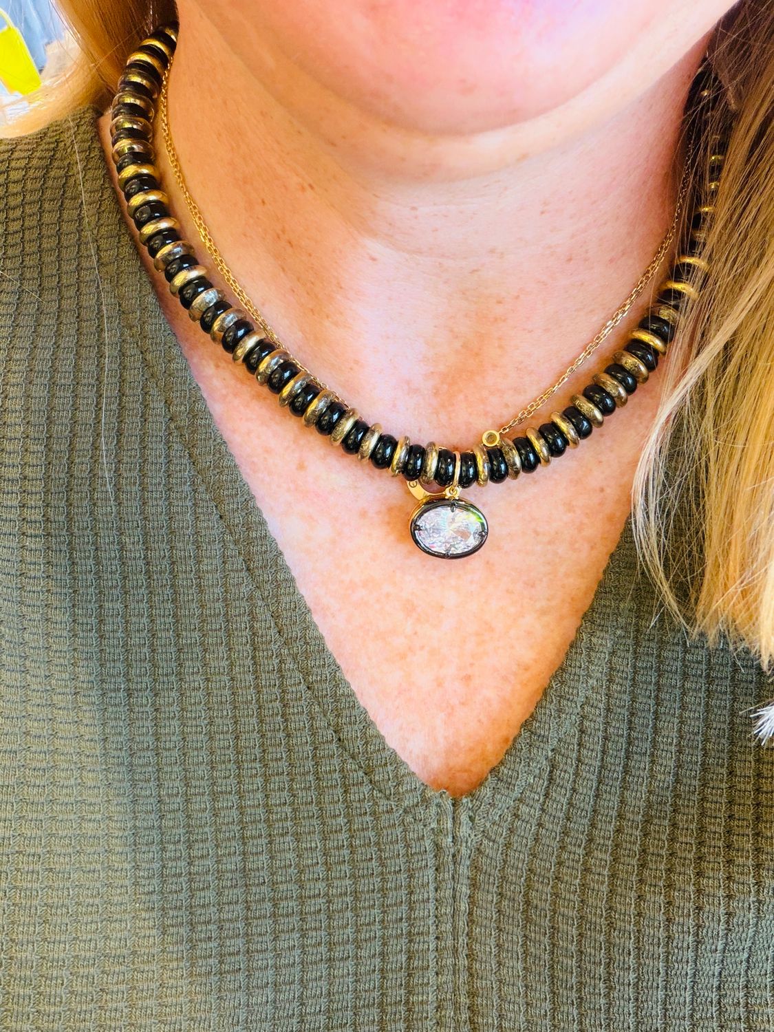 Black w/Gold Glass CZ Necklace