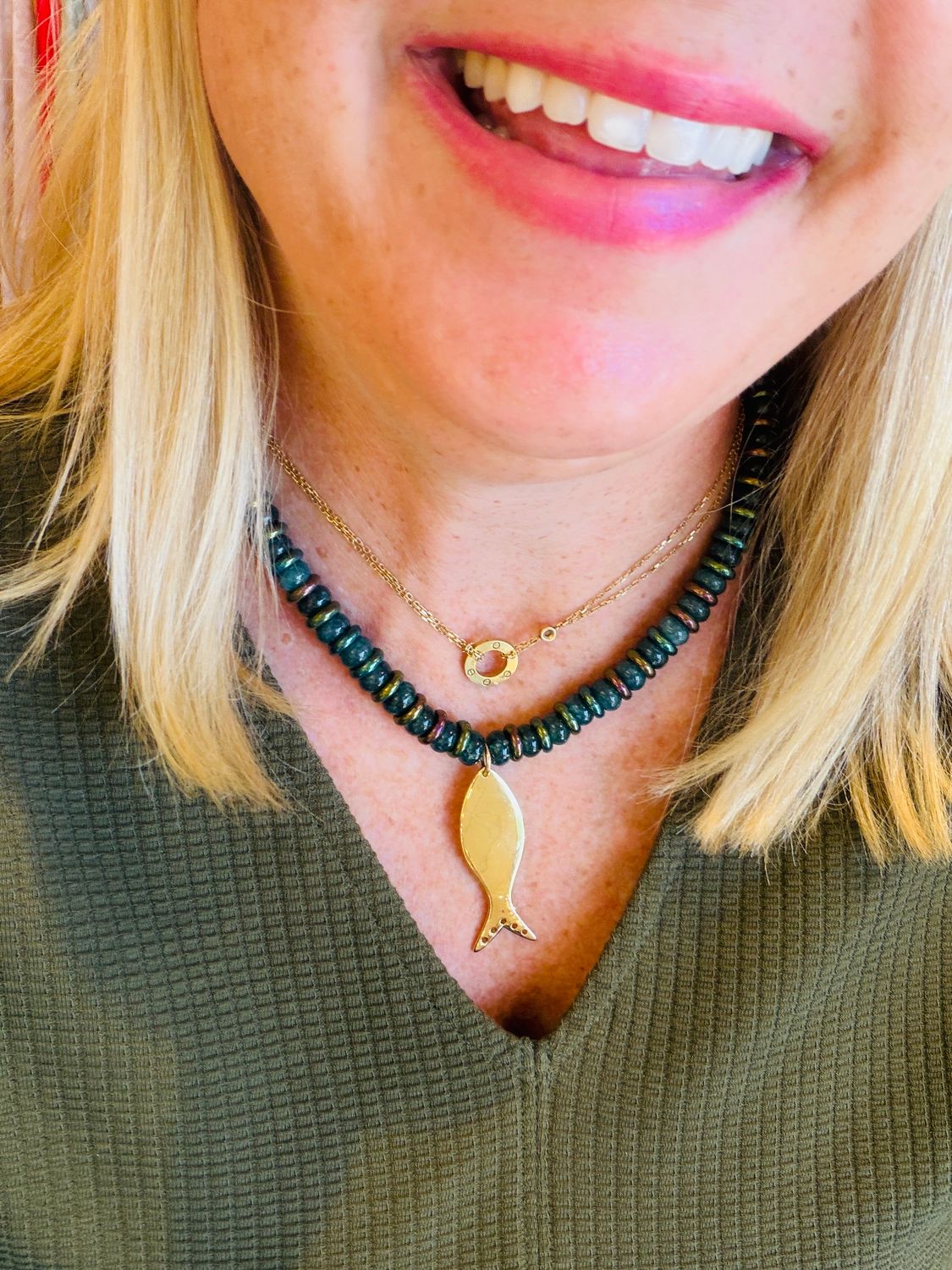 Opal Necklace w/Fish Charm, COLOR: Teal