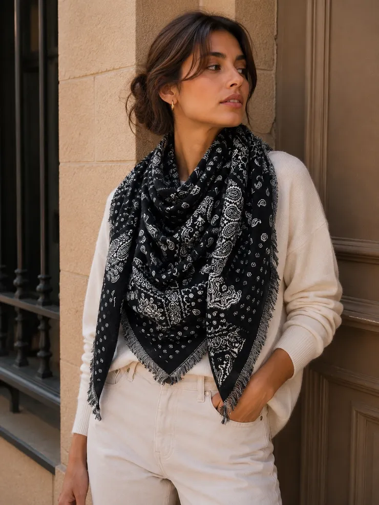Thick Woolen Large Bandana Scarf, COLOR: Black