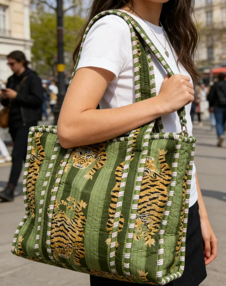 Medium Quilted Tote Bag, COLOR: Green Tiger