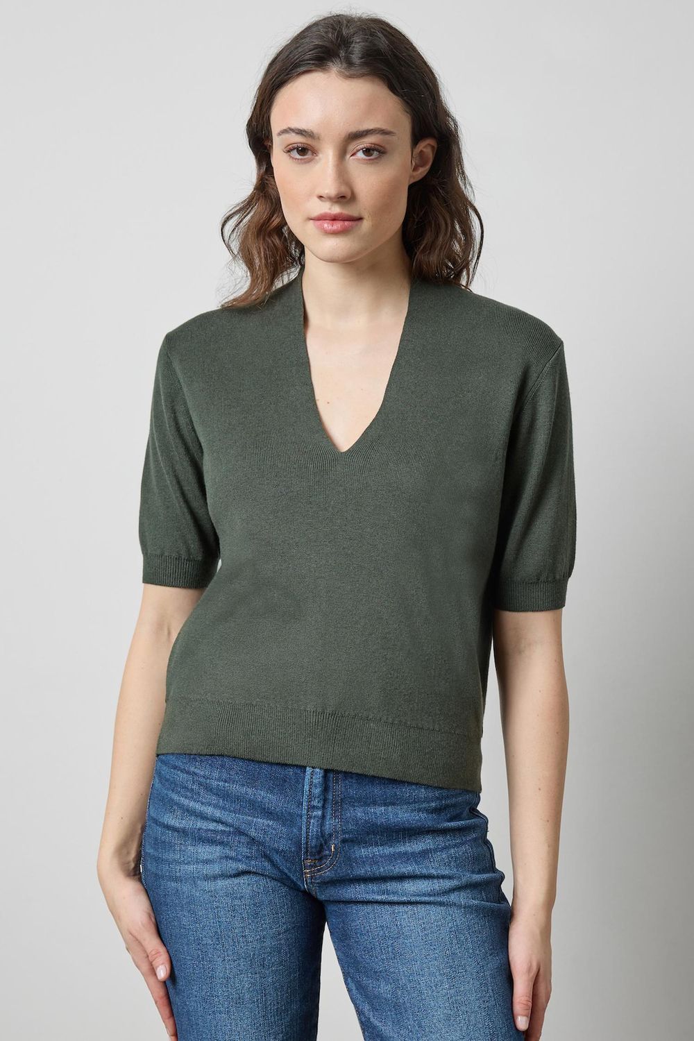 V-Neck Elbow Sleeve Sweater, COLOR: Balsam, Size: S