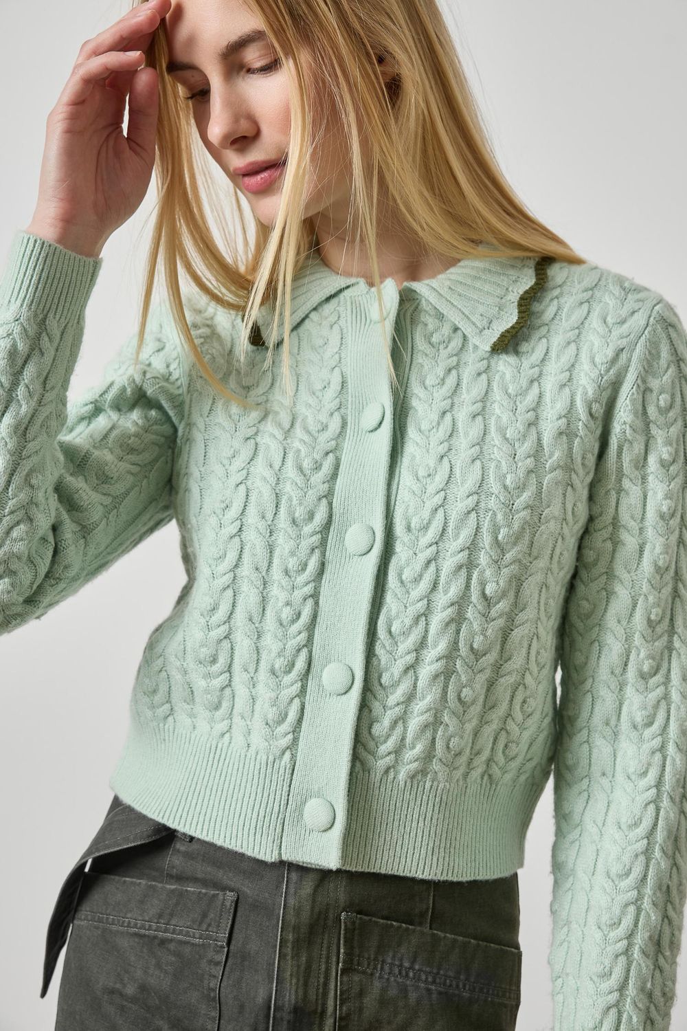 Long Sleeve Polo Cardigan, COLOR: Winter Mint, Size: XS