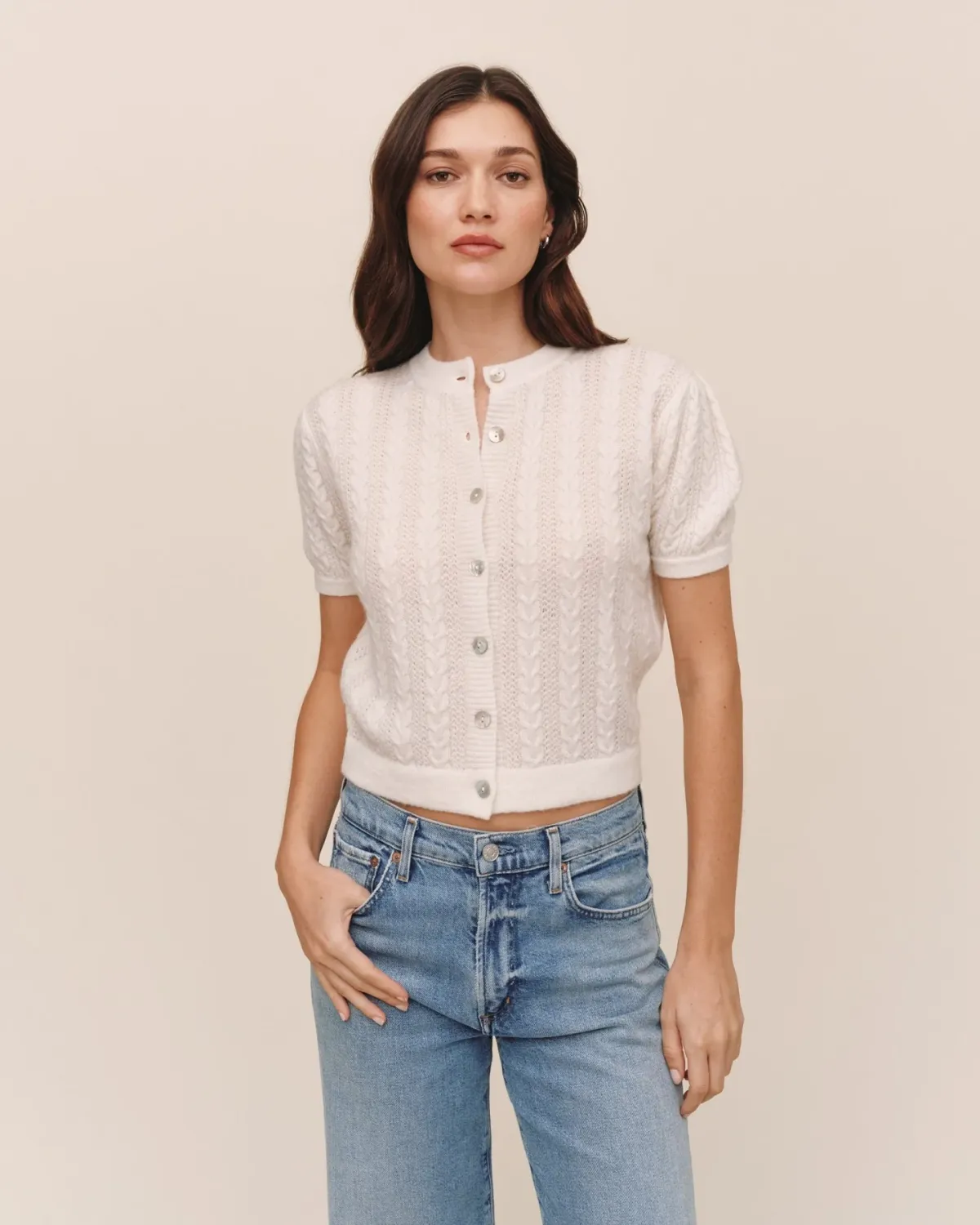 Short Sleeve Cable Cardigan, COLOR: Ivory, Size: XS