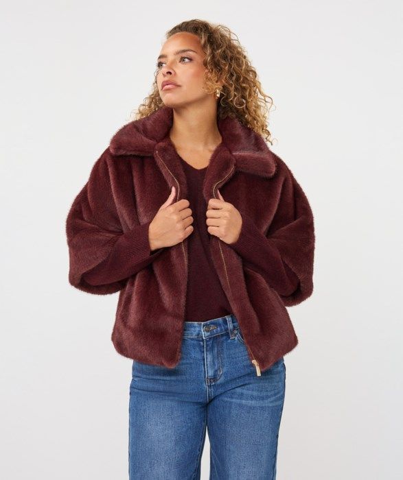 Faux Fur Zip Jacket, COLOR: Merlot, Size: 4
