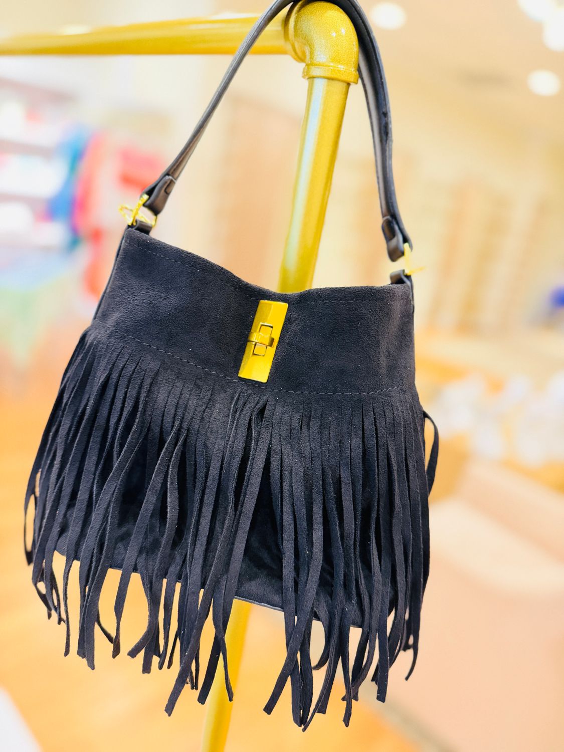 Fringe Bucket Bag, COLOR: Black