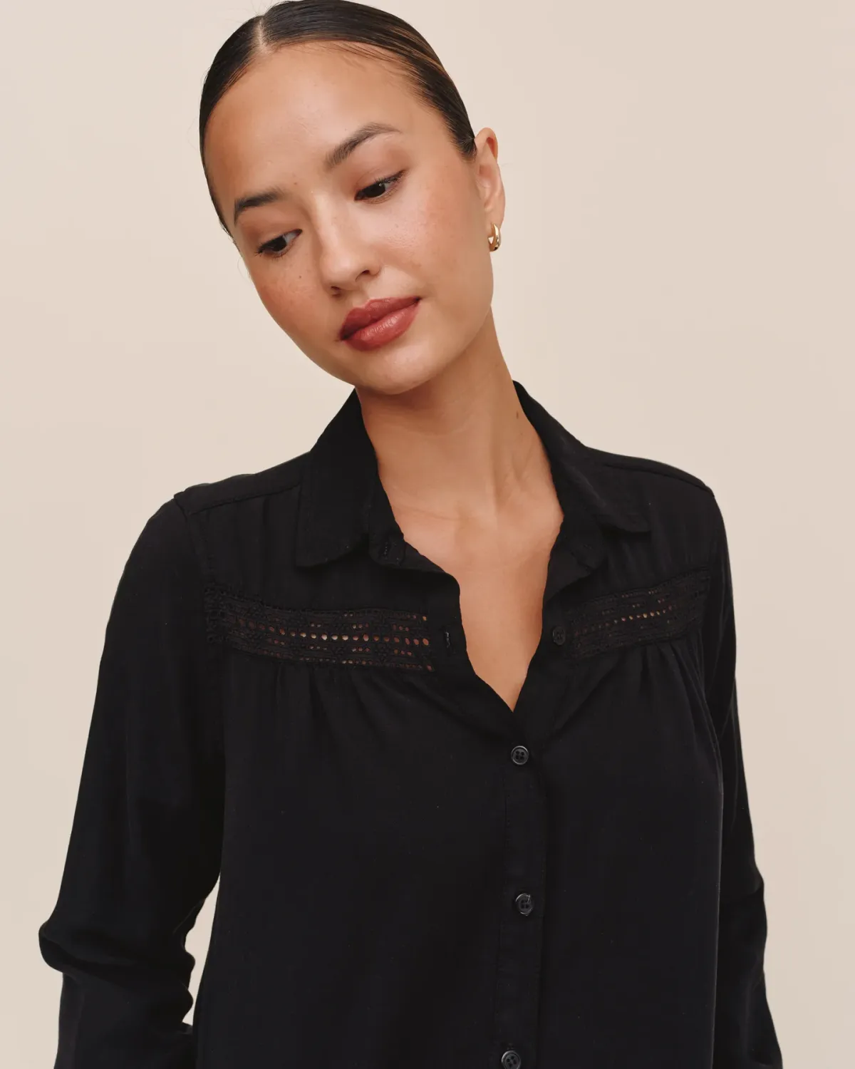 Long Sleeve Shirt with Lace Inset, COLOR: Black, Size: XS