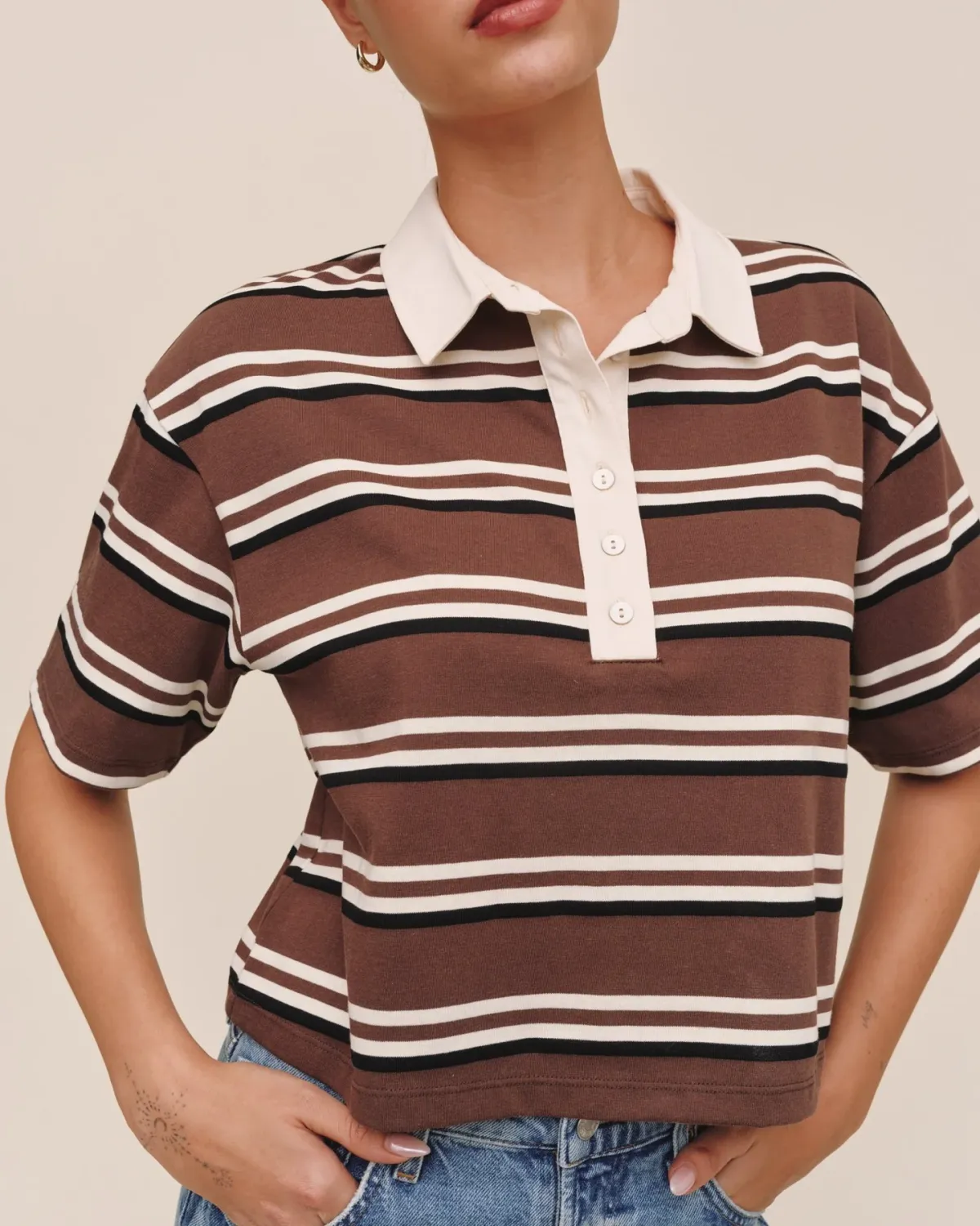Crop Polo Tee, COLOR: Rugby Stripe, Size: L