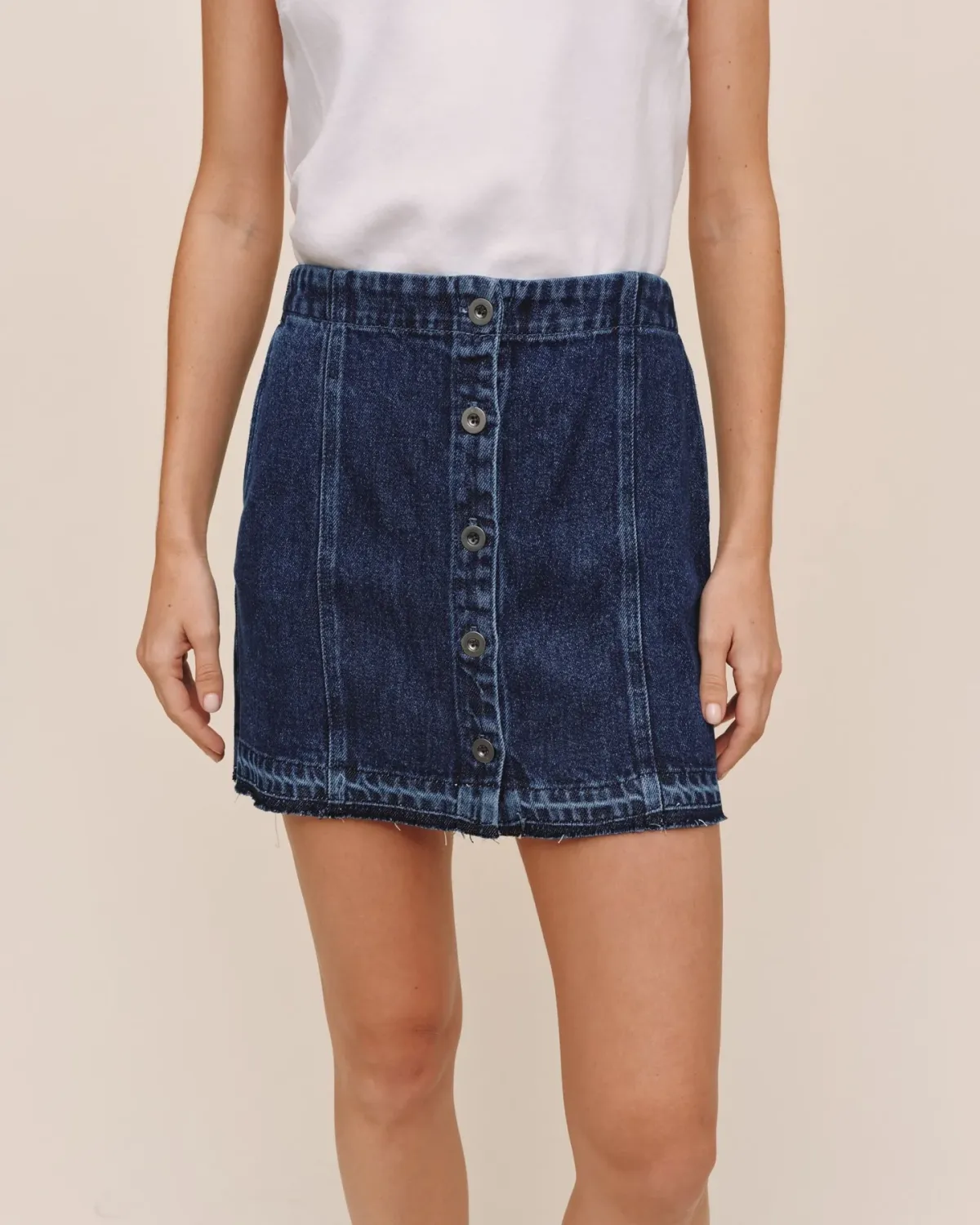 Button Front Mini Skirt w/Release Hem, COLOR: Dark Rinse Wash, Size: XS