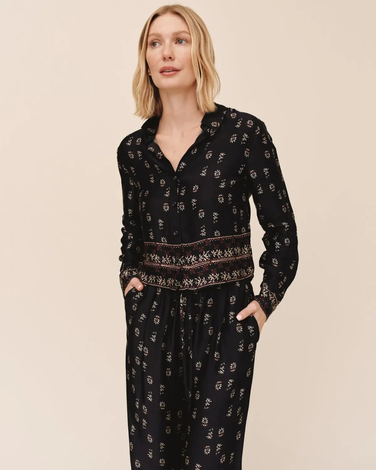 Long Sleeve Crop Shirt, COLOR: Floral Border Print, Size: XS