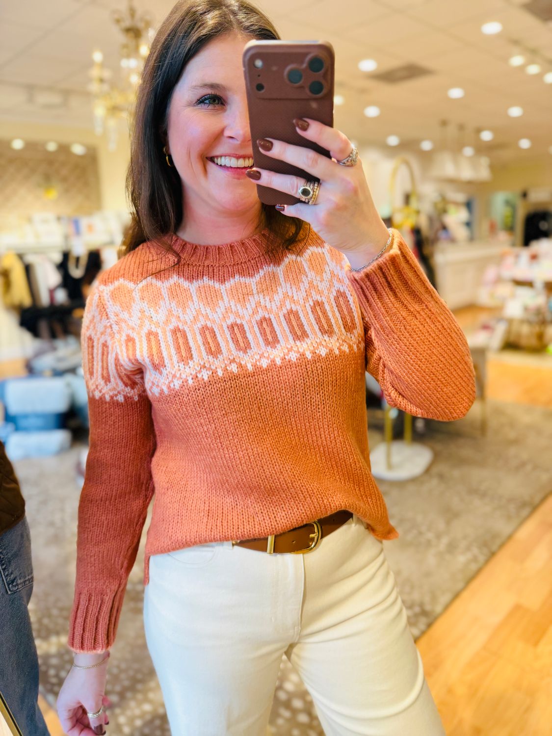 Nicola Fair Isle Crew Chunky, COLOR: Rust/Caprice Pink, Size: XS/S