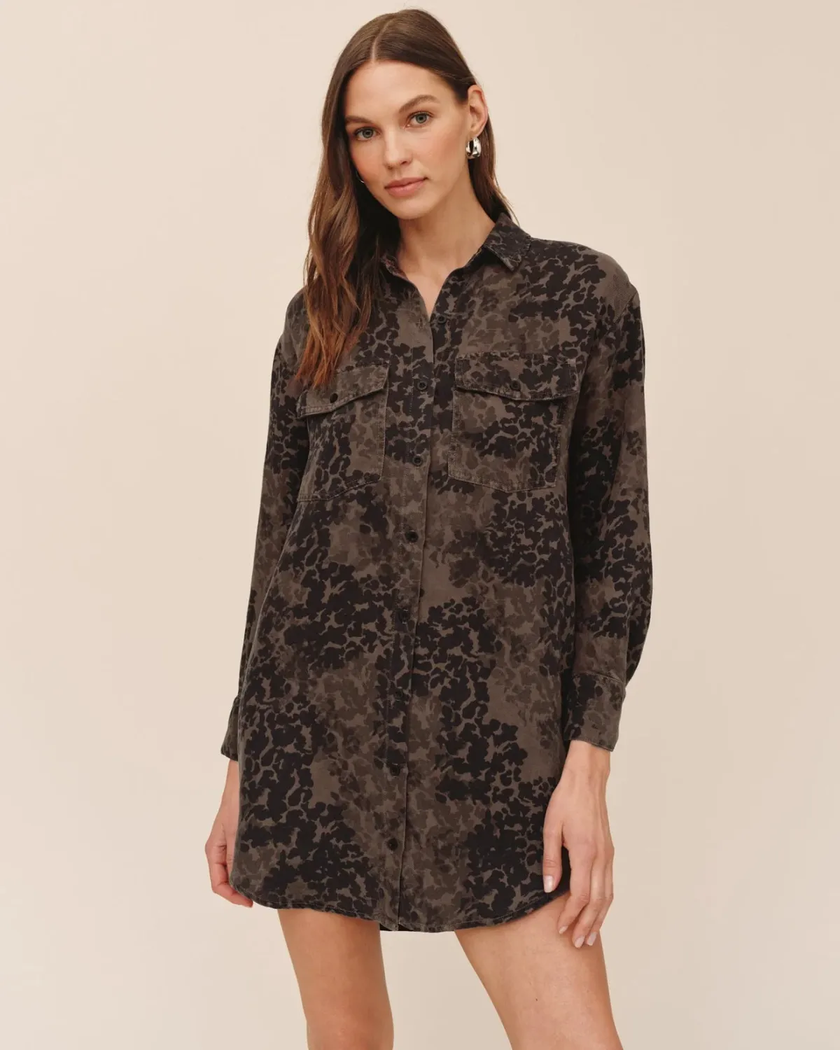 Flap Pocket Shirt Dress, COLOR: Ditsy Camo, Size: XS