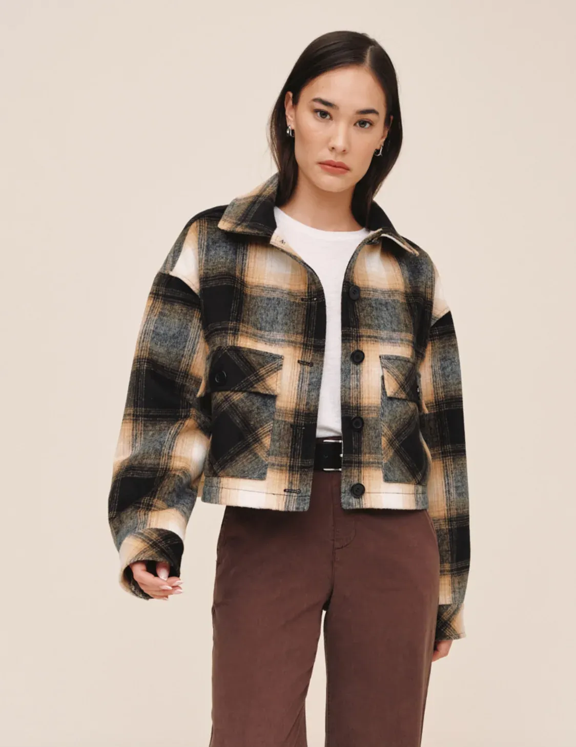 Flap Pocket Jacket, COLOR: Amber Plaid, Size: S