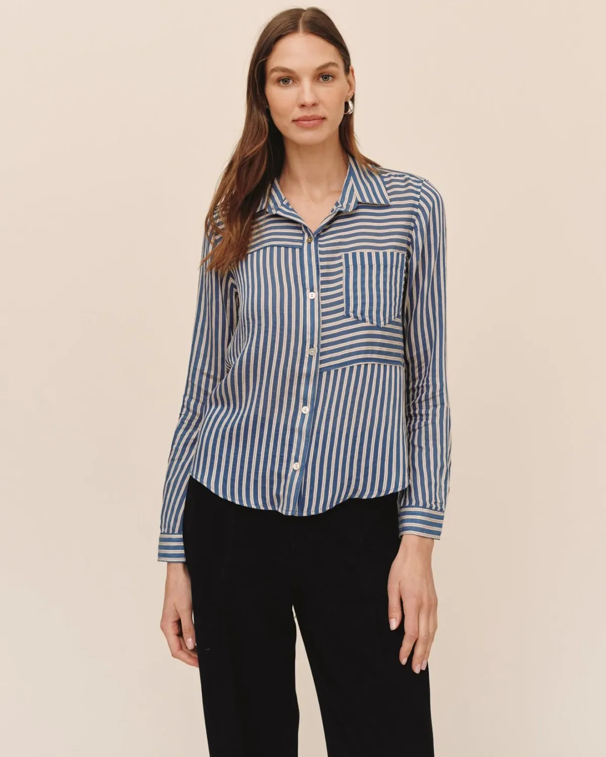 Seamed Button Down Shirt, COLOR: Vintage Navy Stripe, Size: XS