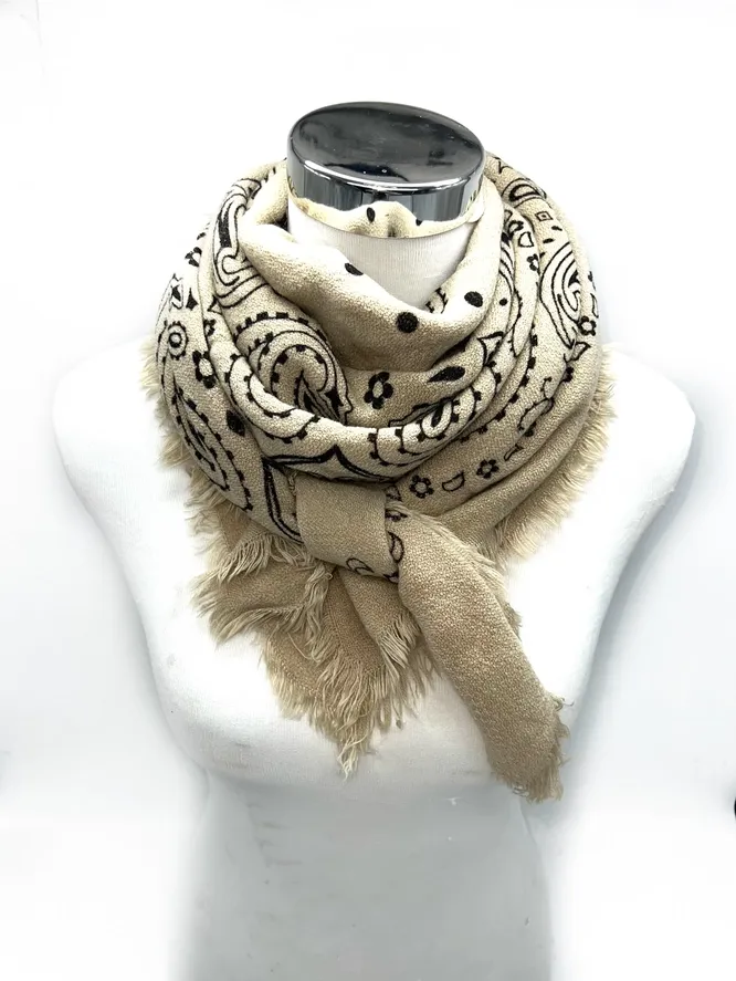 Woolen Square Paisley Scarf, COLOR: Taupe