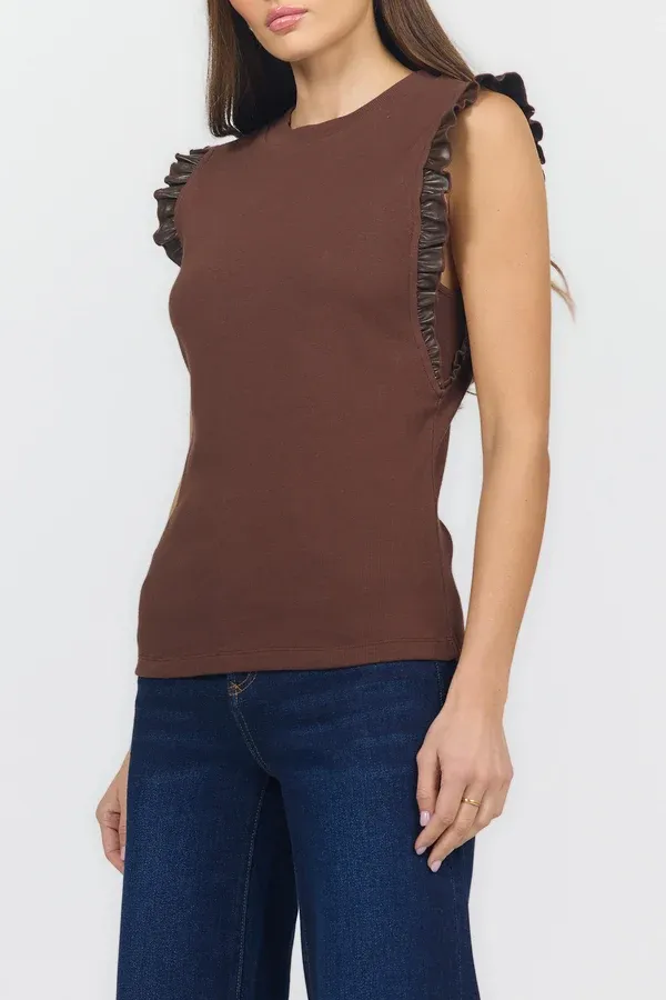 Bridget Ruffle Shoulder Tee, COLOR: Shaved Chocolate, Size: XS