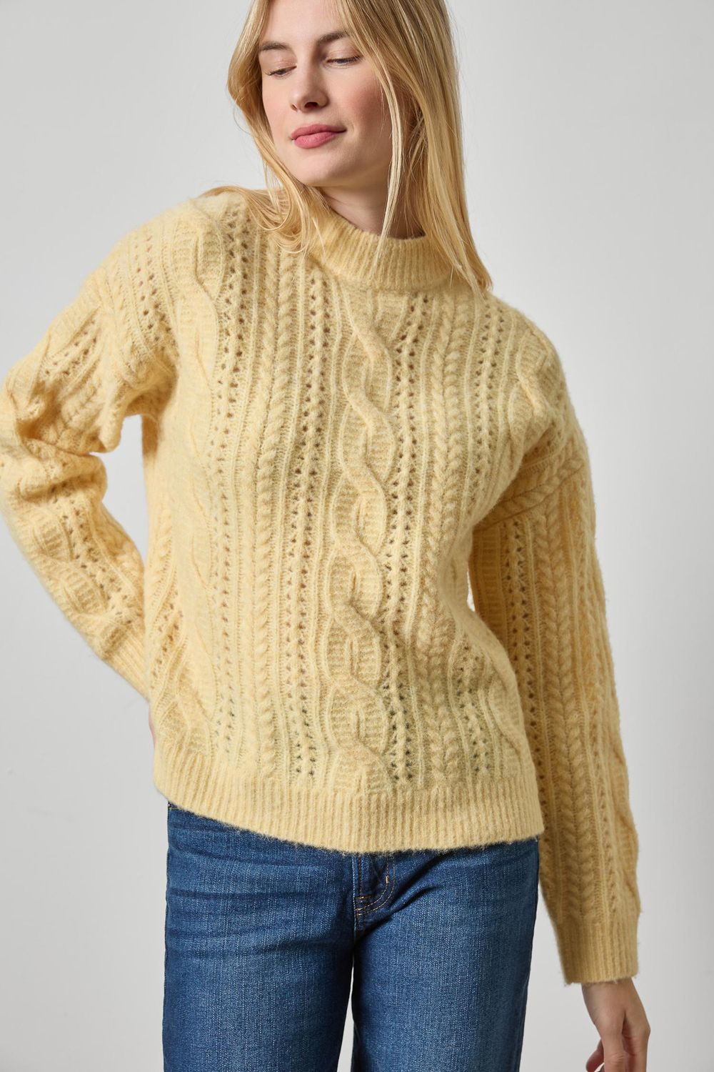 Relaxed Cable Knit Sweater, COLOR: Buttercream, Size: S