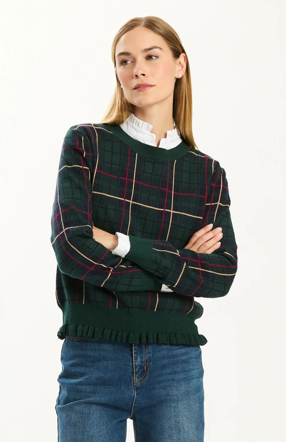 Hailey Ruffle Crewneck Sweater, COLOR: Green Plaid, Size: XS