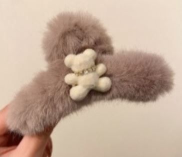 Hair claw Fluffy Light brown with white bear