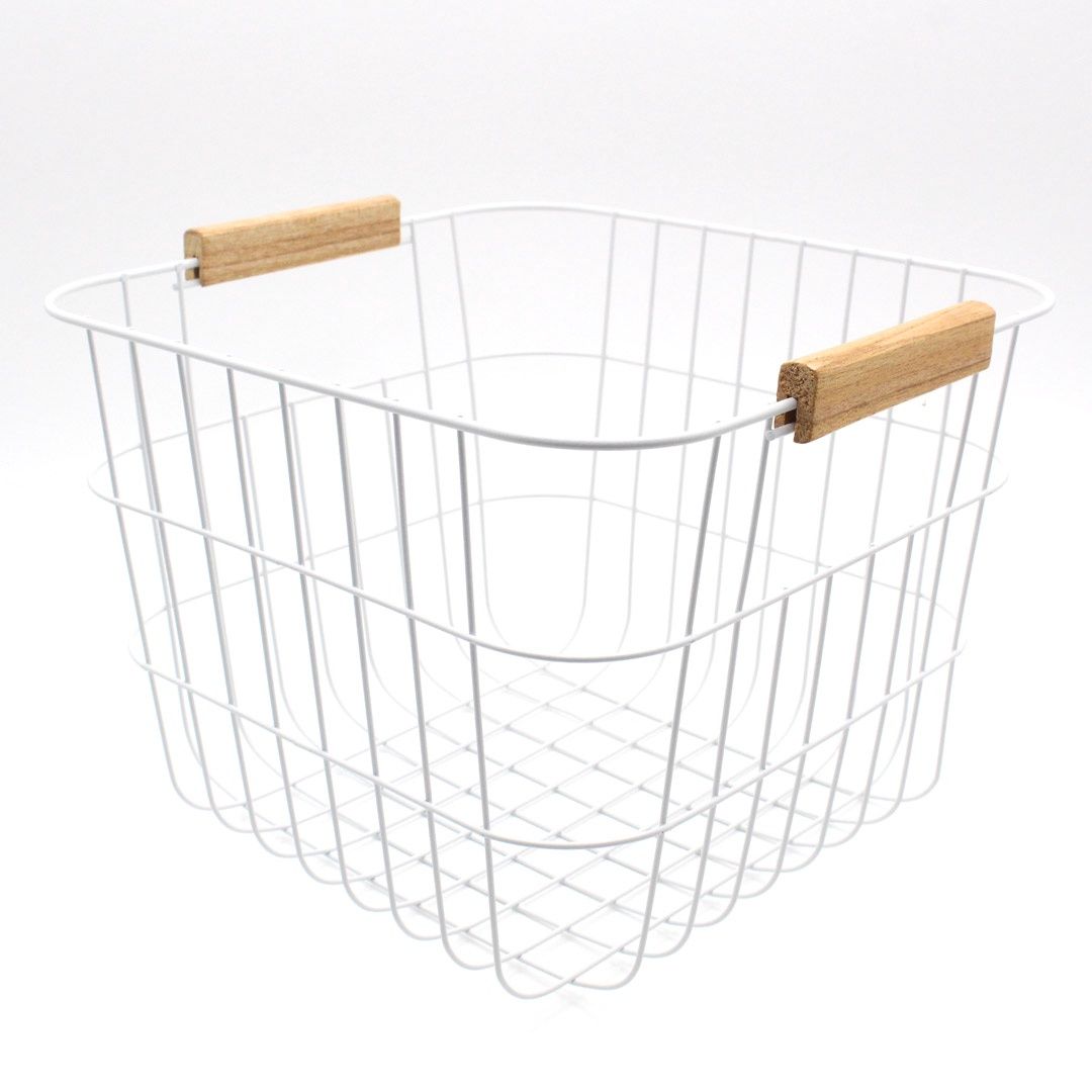 Wooden Handle Wire Basket White@高額（4.0）木柄ﾊﾝﾄﾞﾙﾜｲﾔｰﾊﾞｽｹｯﾄ(ﾎﾜｲﾄ)