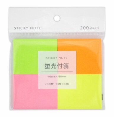 Sticky note@フィットメモ 蛍光 4本(40×50mm)