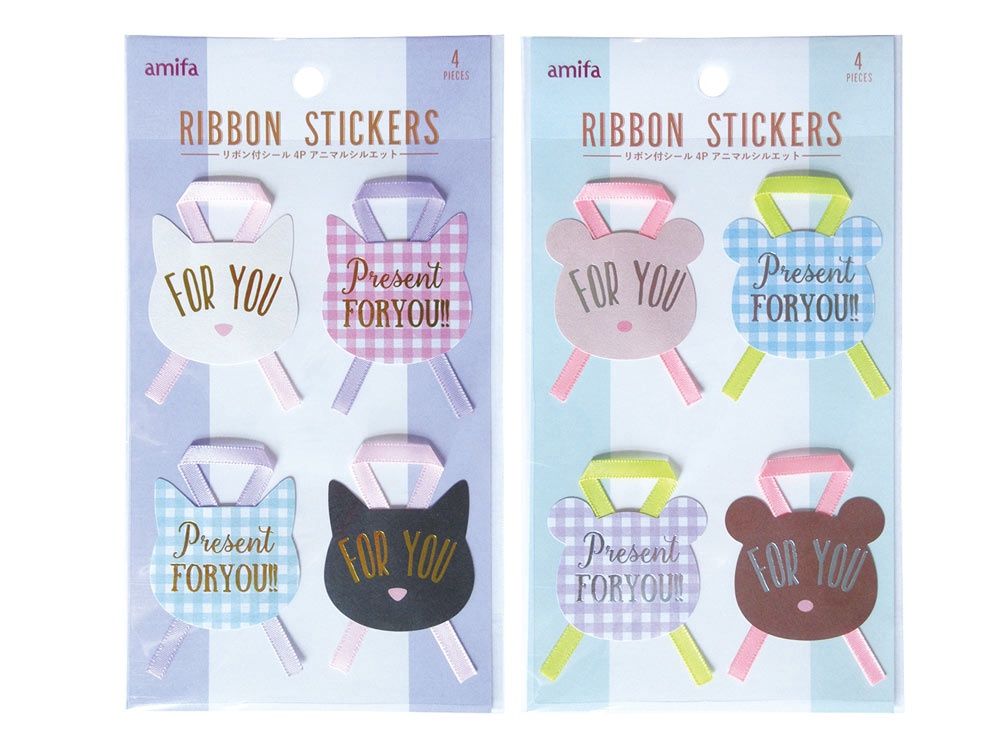 Sticker with Ribbon 4P Animal Silhouette@リボン付シール 4P アニマルシルエット