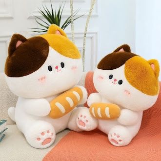 Calico cat soft toy 30cm with a bread