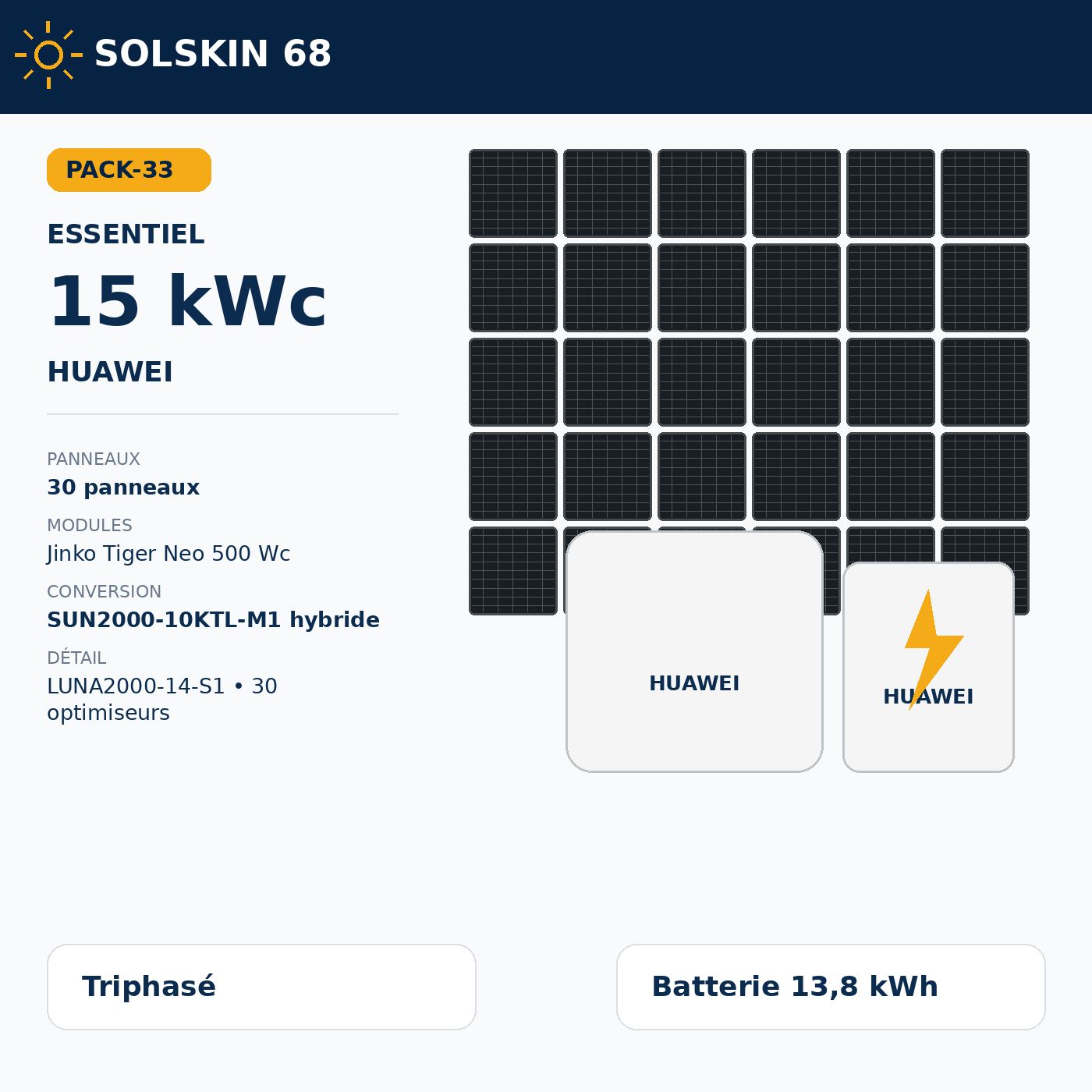 Pack Essentiel 15 kWc tri + batterie Huawei 13,8 kWh Pack Essentiel 15 kWc tri + batterie Huawei 13,8 kWh