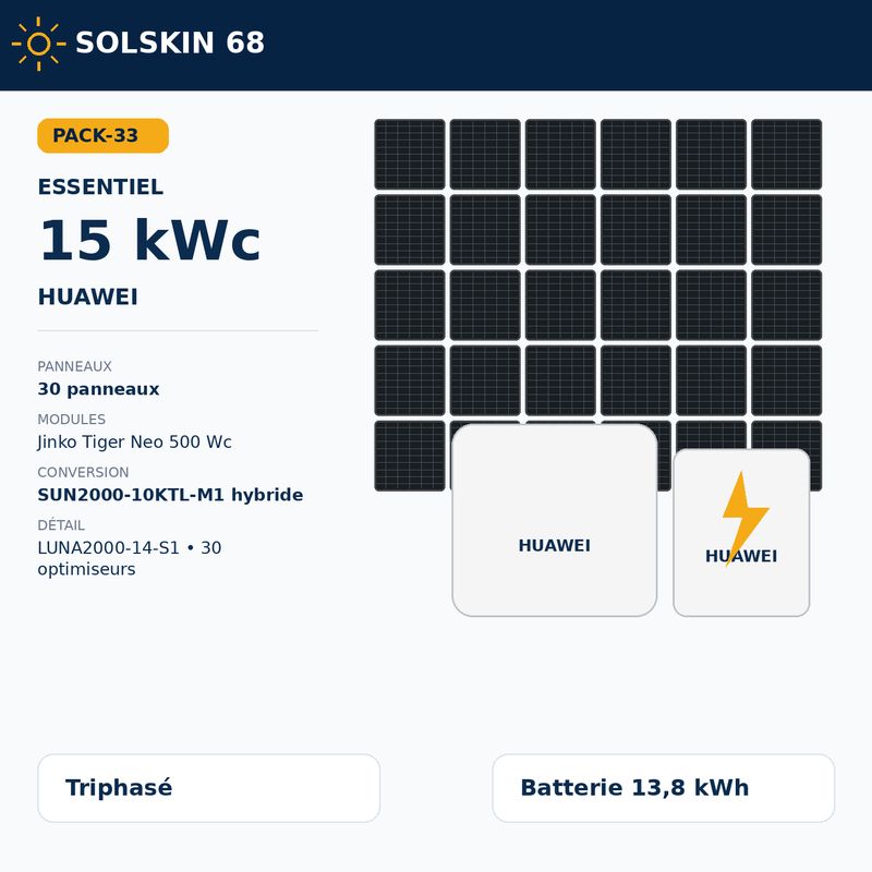Pack Essentiel 15 kWc tri + batterie Huawei 13,8 kWh Pack Essentiel 15 kWc tri + batterie Huawei 13,8 kWh