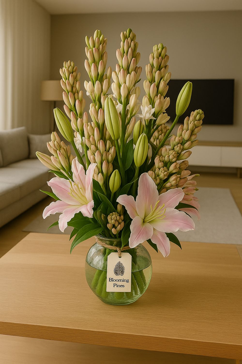 Elegant Pink Lily &amp; Tuberose Bouquet – Blooming Pines Collection