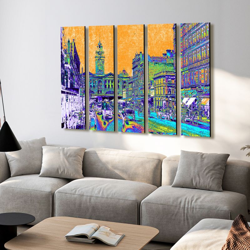Elizabeth Street (coloured blue &amp; orange) wall art - 5 panels