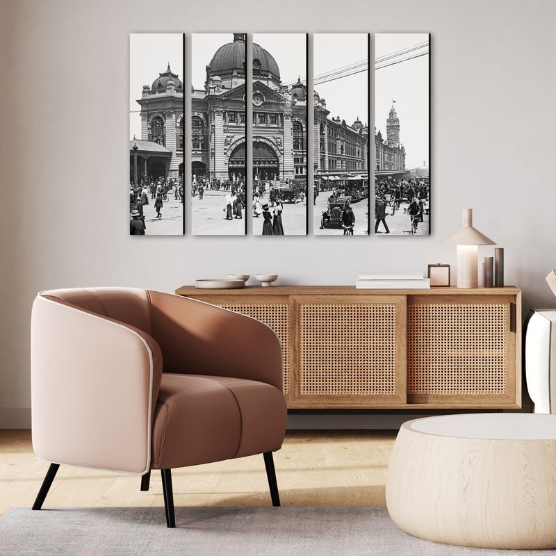 Flinders Street Station (black &amp; white) wall art - 5 panels