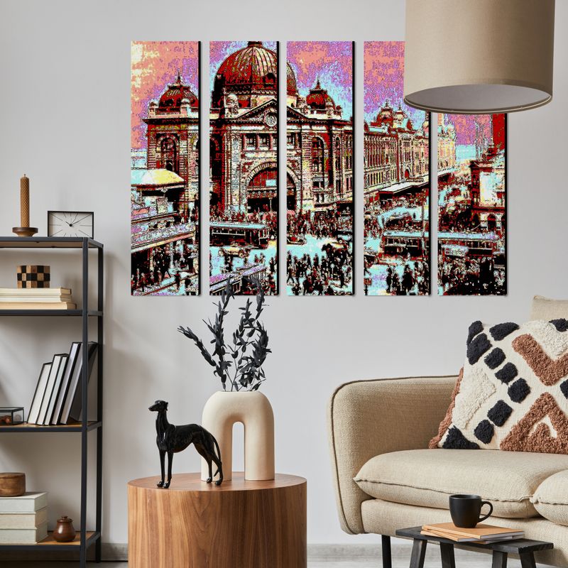 Flinders Street Station (purple) wall art - 5 panels