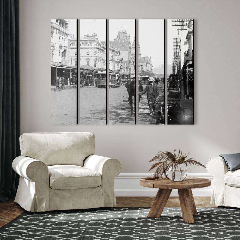 Swanston Street (black &amp; white) wall art - 5 panels