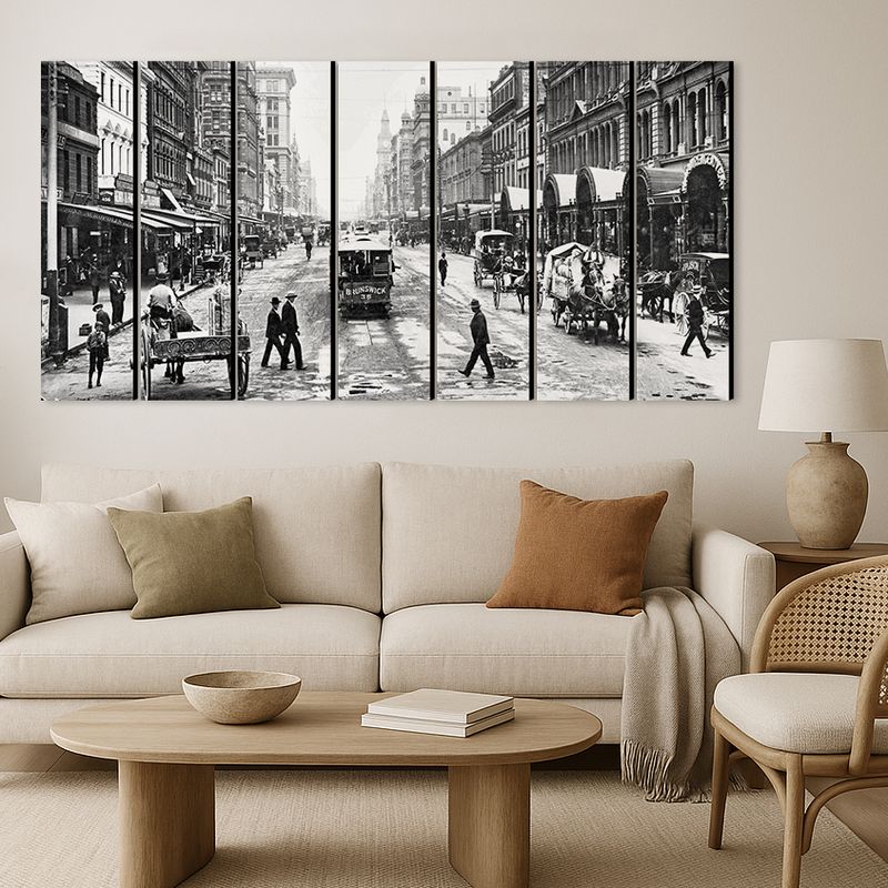Collins Street (black/white) wall art - 7 panels
